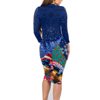 New Zealand Tuatara Christmas Family Matching Long Sleeve Bodycon Dress and Hawaiian Shirt Silver Fern and Xmas Pohutukawa Tree Blue Color LT03 - Polynesian Pride