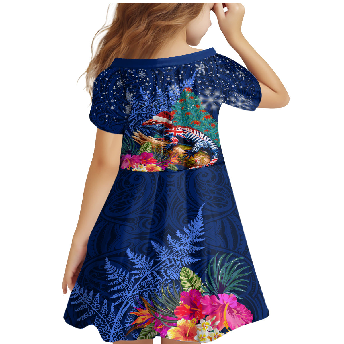 New Zealand Tuatara Christmas Family Matching Mermaid Dress and Hawaiian Shirt Silver Fern and Xmas Pohutukawa Tree Blue Color LT03 - Polynesian Pride