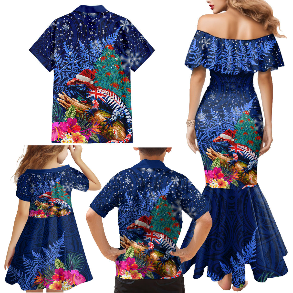 New Zealand Tuatara Christmas Family Matching Mermaid Dress and Hawaiian Shirt Silver Fern and Xmas Pohutukawa Tree Blue Color LT03 - Polynesian Pride