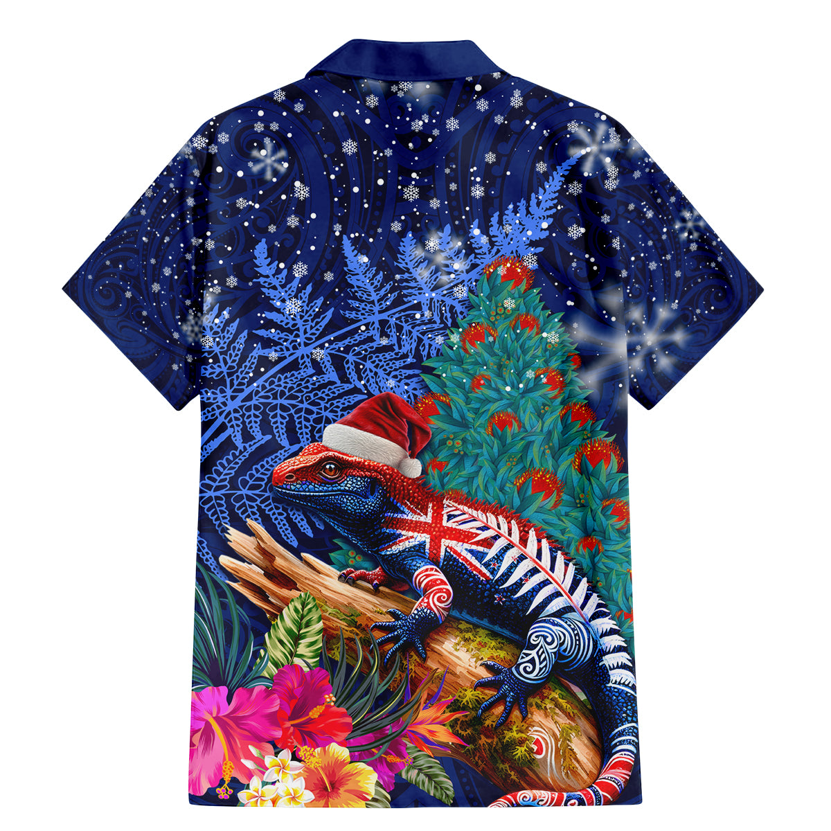 New Zealand Tuatara Christmas Family Matching Mermaid Dress and Hawaiian Shirt Silver Fern and Xmas Pohutukawa Tree Blue Color LT03 - Polynesian Pride