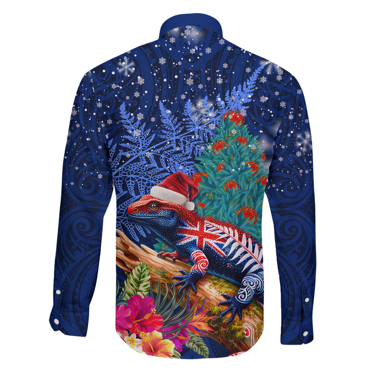 New Zealand Tuatara Christmas Family Matching Mermaid Dress and Hawaiian Shirt Silver Fern and Xmas Pohutukawa Tree Blue Color LT03 - Polynesian Pride