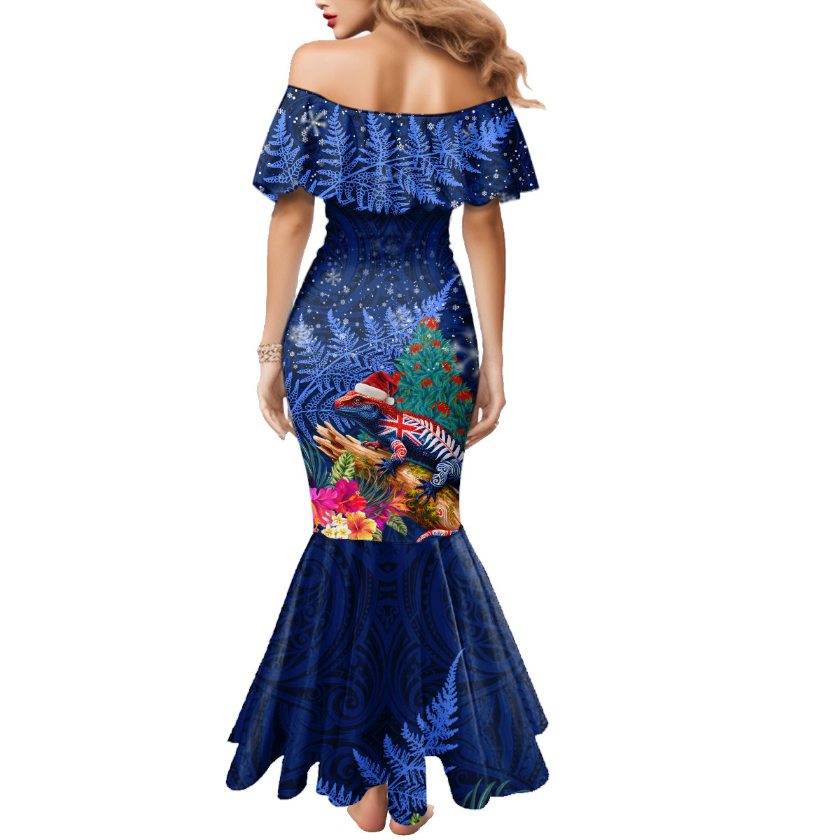 New Zealand Tuatara Christmas Family Matching Mermaid Dress and Hawaiian Shirt Silver Fern and Xmas Pohutukawa Tree Blue Color LT03 - Polynesian Pride
