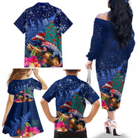 New Zealand Tuatara Christmas Family Matching Off The Shoulder Long Sleeve Dress and Hawaiian Shirt Silver Fern and Xmas Pohutukawa Tree Blue Color LT03 - Polynesian Pride
