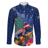 New Zealand Tuatara Christmas Family Matching Off The Shoulder Long Sleeve Dress and Hawaiian Shirt Silver Fern and Xmas Pohutukawa Tree Blue Color LT03 Dad's Shirt - Long Sleeve Blue - Polynesian Pride