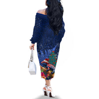 New Zealand Tuatara Christmas Family Matching Off The Shoulder Long Sleeve Dress and Hawaiian Shirt Silver Fern and Xmas Pohutukawa Tree Blue Color LT03 - Polynesian Pride