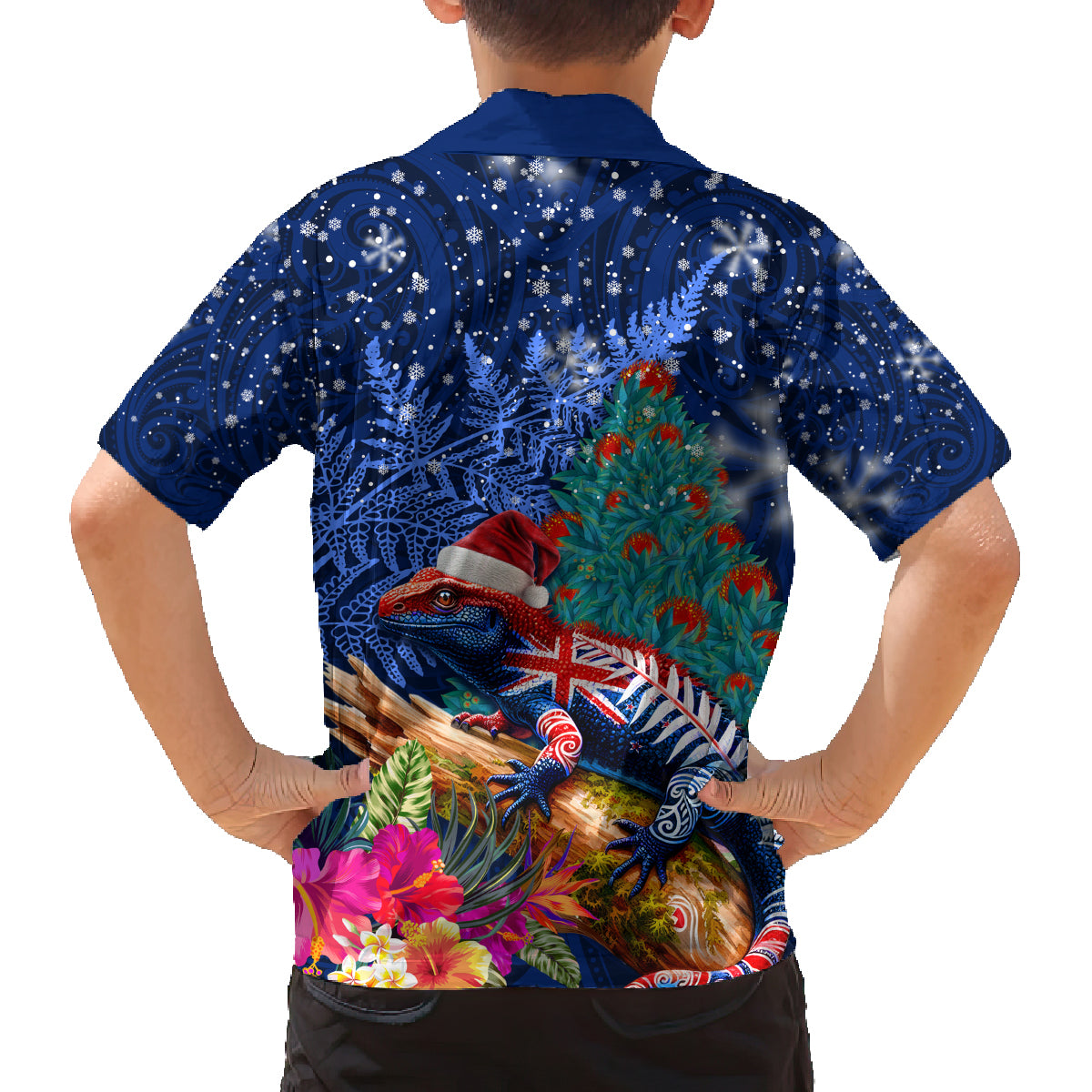 New Zealand Tuatara Christmas Family Matching Off Shoulder Maxi Dress and Hawaiian Shirt Silver Fern and Xmas Pohutukawa Tree Blue Color LT03 - Polynesian Pride