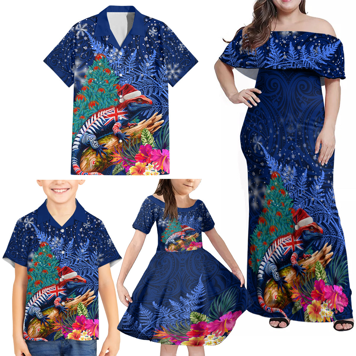 New Zealand Tuatara Christmas Family Matching Off Shoulder Maxi Dress and Hawaiian Shirt Silver Fern and Xmas Pohutukawa Tree Blue Color LT03 - Polynesian Pride