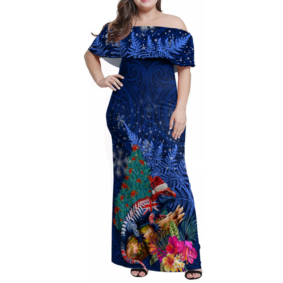 New Zealand Tuatara Christmas Family Matching Off Shoulder Maxi Dress and Hawaiian Shirt Silver Fern and Xmas Pohutukawa Tree Blue Color LT03 Mom's Dress Blue - Polynesian Pride
