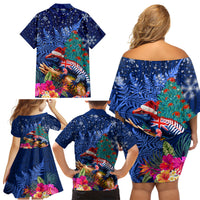 New Zealand Tuatara Christmas Family Matching Off Shoulder Short Dress and Hawaiian Shirt Silver Fern and Xmas Pohutukawa Tree Blue Color LT03 - Polynesian Pride