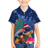 New Zealand Tuatara Christmas Family Matching Off Shoulder Short Dress and Hawaiian Shirt Silver Fern and Xmas Pohutukawa Tree Blue Color LT03 Son's Shirt Blue - Polynesian Pride