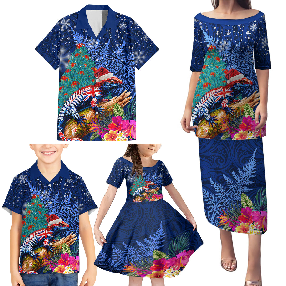 New Zealand Tuatara Christmas Family Matching Puletasi and Hawaiian Shirt Silver Fern and Xmas Pohutukawa Tree Blue Color LT03 - Polynesian Pride
