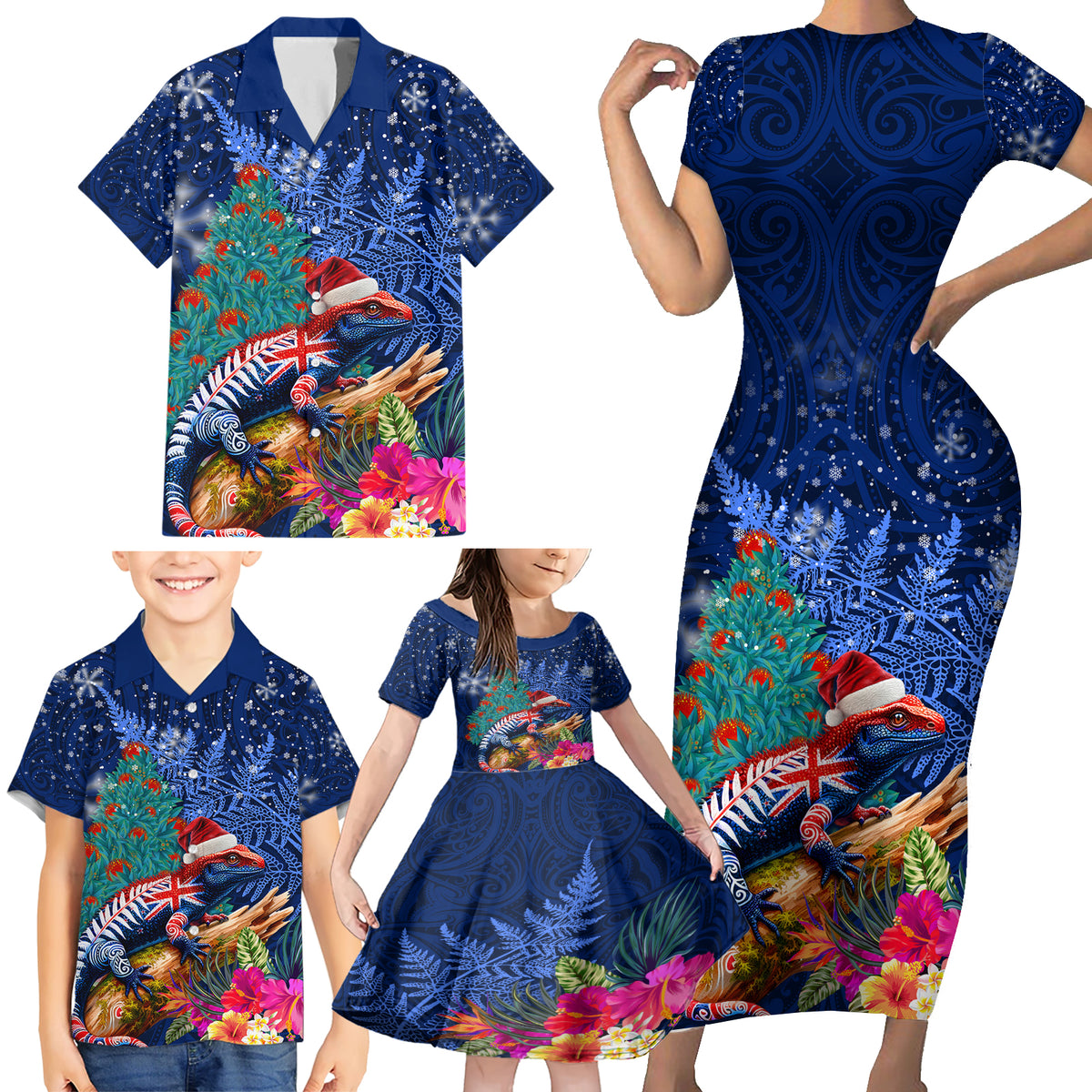New Zealand Tuatara Christmas Family Matching Short Sleeve Bodycon Dress and Hawaiian Shirt Silver Fern and Xmas Pohutukawa Tree Blue Color LT03 - Polynesian Pride