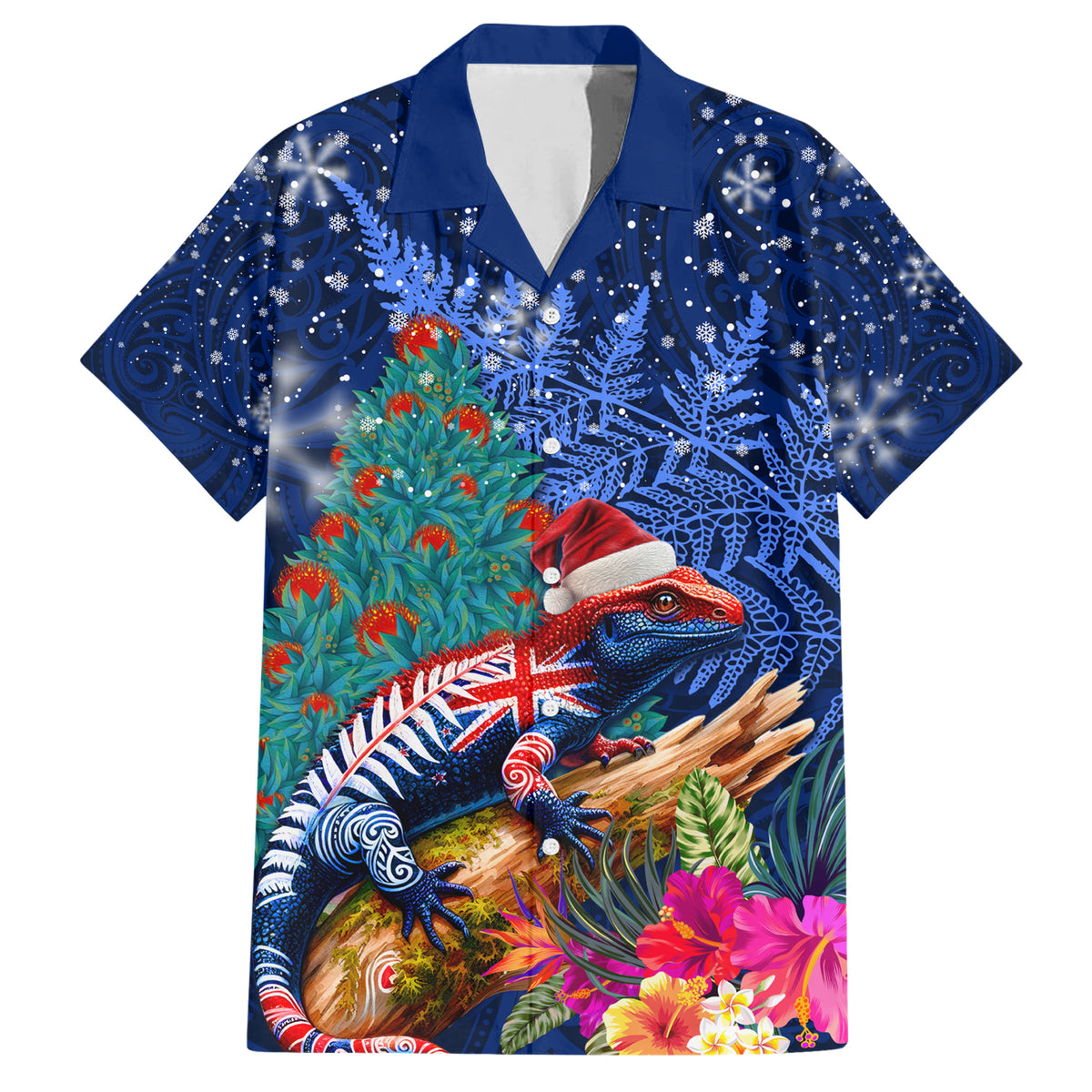 New Zealand Tuatara Christmas Family Matching Short Sleeve Bodycon Dress and Hawaiian Shirt Silver Fern and Xmas Pohutukawa Tree Blue Color LT03 Dad's Shirt - Short Sleeve Blue - Polynesian Pride