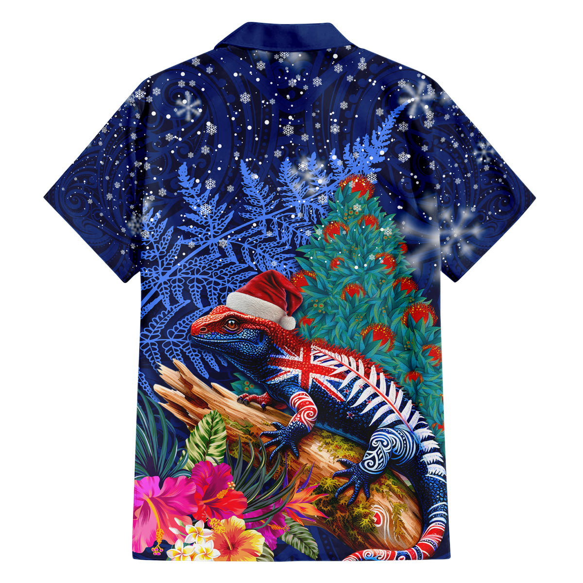 New Zealand Tuatara Christmas Family Matching Short Sleeve Bodycon Dress and Hawaiian Shirt Silver Fern and Xmas Pohutukawa Tree Blue Color LT03 - Polynesian Pride