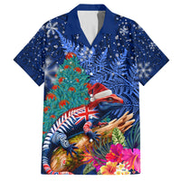 New Zealand Tuatara Christmas Family Matching Summer Maxi Dress and Hawaiian Shirt Silver Fern and Xmas Pohutukawa Tree Blue Color LT03 Dad's Shirt - Short Sleeve Blue - Polynesian Pride