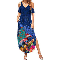 New Zealand Tuatara Christmas Family Matching Summer Maxi Dress and Hawaiian Shirt Silver Fern and Xmas Pohutukawa Tree Blue Color LT03 Mom's Dress Blue - Polynesian Pride