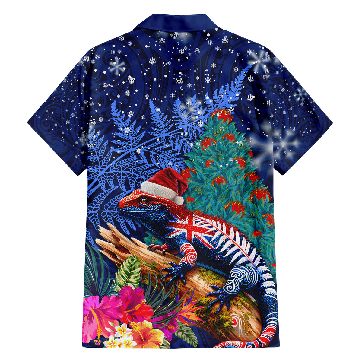 New Zealand Tuatara Christmas Family Matching Tank Maxi Dress and Hawaiian Shirt Silver Fern and Xmas Pohutukawa Tree Blue Color LT03 - Polynesian Pride