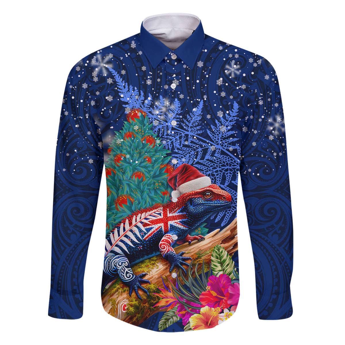 New Zealand Tuatara Christmas Family Matching Tank Maxi Dress and Hawaiian Shirt Silver Fern and Xmas Pohutukawa Tree Blue Color LT03 Dad's Shirt - Long Sleeve Blue - Polynesian Pride
