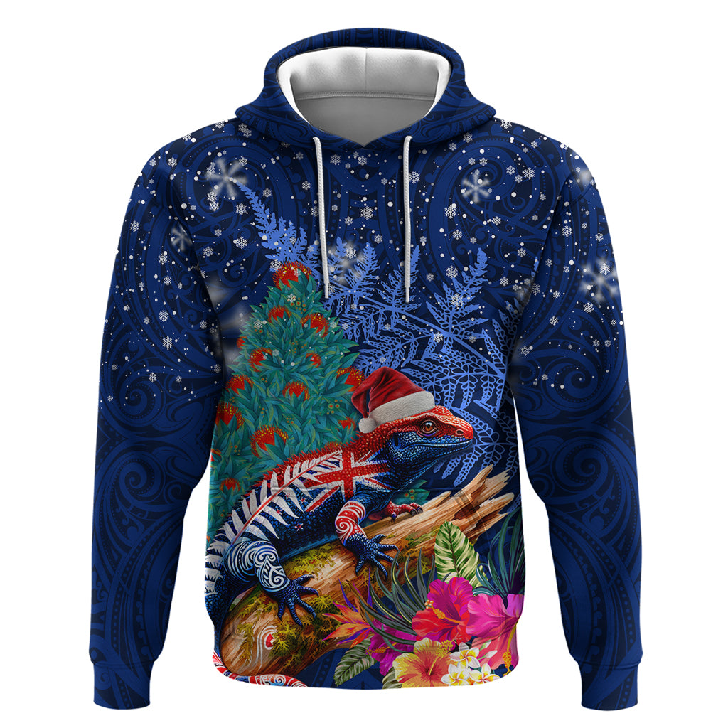 New Zealand Tuatara Christmas Hoodie Silver Fern and Xmas Pohutukawa Tree Blue Color LT03 Pullover Hoodie Blue - Polynesian Pride