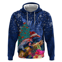New Zealand Tuatara Christmas Hoodie Silver Fern and Xmas Pohutukawa Tree Blue Color LT03 Pullover Hoodie Blue - Polynesian Pride