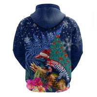 New Zealand Tuatara Christmas Hoodie Silver Fern and Xmas Pohutukawa Tree Blue Color LT03 - Polynesian Pride