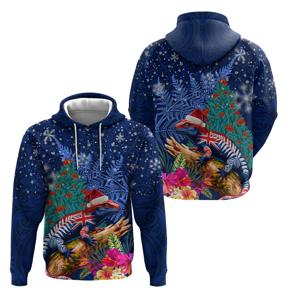 New Zealand Tuatara Christmas Hoodie Silver Fern and Xmas Pohutukawa Tree Blue Color LT03 - Polynesian Pride