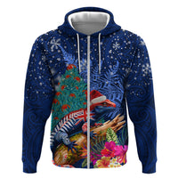 New Zealand Tuatara Christmas Hoodie Silver Fern and Xmas Pohutukawa Tree Blue Color LT03 Zip Hoodie Blue - Polynesian Pride