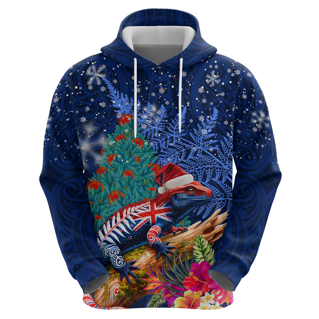 New Zealand Tuatara Christmas Hoodie Silver Fern and Xmas Pohutukawa Tree Blue Color LT03 - Polynesian Pride