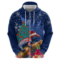 New Zealand Tuatara Christmas Hoodie Silver Fern and Xmas Pohutukawa Tree Blue Color LT03 - Polynesian Pride