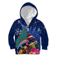 New Zealand Tuatara Christmas Kid Hoodie Silver Fern and Xmas Pohutukawa Tree Blue Color LT03 Zip Hoodie Blue - Polynesian Pride
