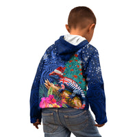 New Zealand Tuatara Christmas Kid Hoodie Silver Fern and Xmas Pohutukawa Tree Blue Color LT03 - Polynesian Pride