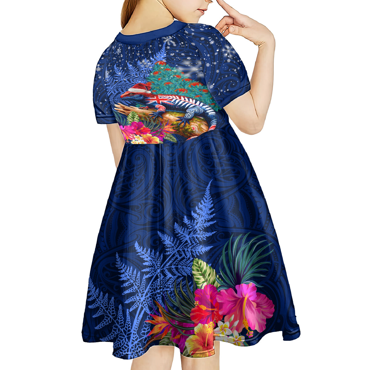 New Zealand Tuatara Christmas Kid Short Sleeve Dress Silver Fern and Xmas Pohutukawa Tree Blue Color LT03 - Polynesian Pride