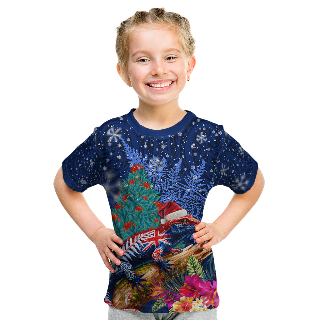 New Zealand Tuatara Christmas Kid T Shirt Silver Fern and Xmas Pohutukawa Tree Blue Color LT03 Blue - Polynesian Pride