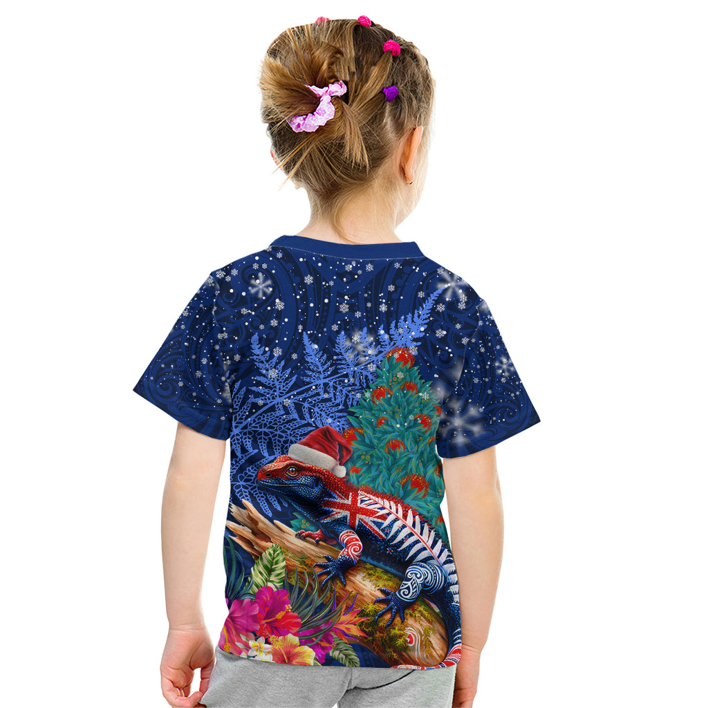 New Zealand Tuatara Christmas Kid T Shirt Silver Fern and Xmas Pohutukawa Tree Blue Color LT03 - Polynesian Pride