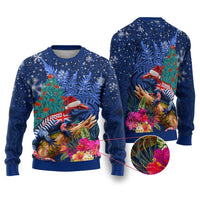New Zealand Tuatara Christmas Ugly Christmas Sweater Silver Fern and Xmas Pohutukawa Tree Blue Color LT03 Blue - Polynesian Pride