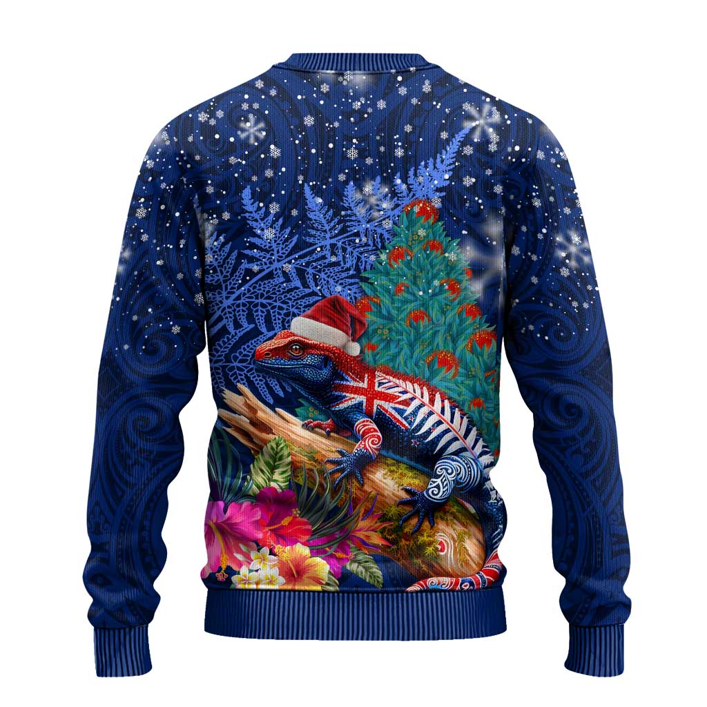 New Zealand Tuatara Christmas Ugly Christmas Sweater Silver Fern and Xmas Pohutukawa Tree Blue Color LT03 - Polynesian Pride