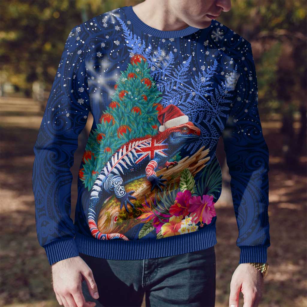 New Zealand Tuatara Christmas Ugly Christmas Sweater Silver Fern and Xmas Pohutukawa Tree Blue Color LT03 - Polynesian Pride