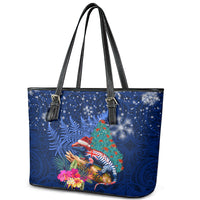 New Zealand Tuatara Christmas Leather Tote Bag Silver Fern and Xmas Pohutukawa Tree Blue Color LT03 - Polynesian Pride