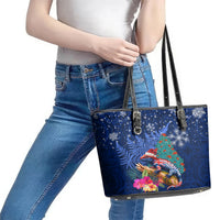 New Zealand Tuatara Christmas Leather Tote Bag Silver Fern and Xmas Pohutukawa Tree Blue Color LT03 - Polynesian Pride