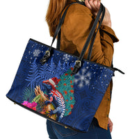 New Zealand Tuatara Christmas Leather Tote Bag Silver Fern and Xmas Pohutukawa Tree Blue Color LT03 - Polynesian Pride