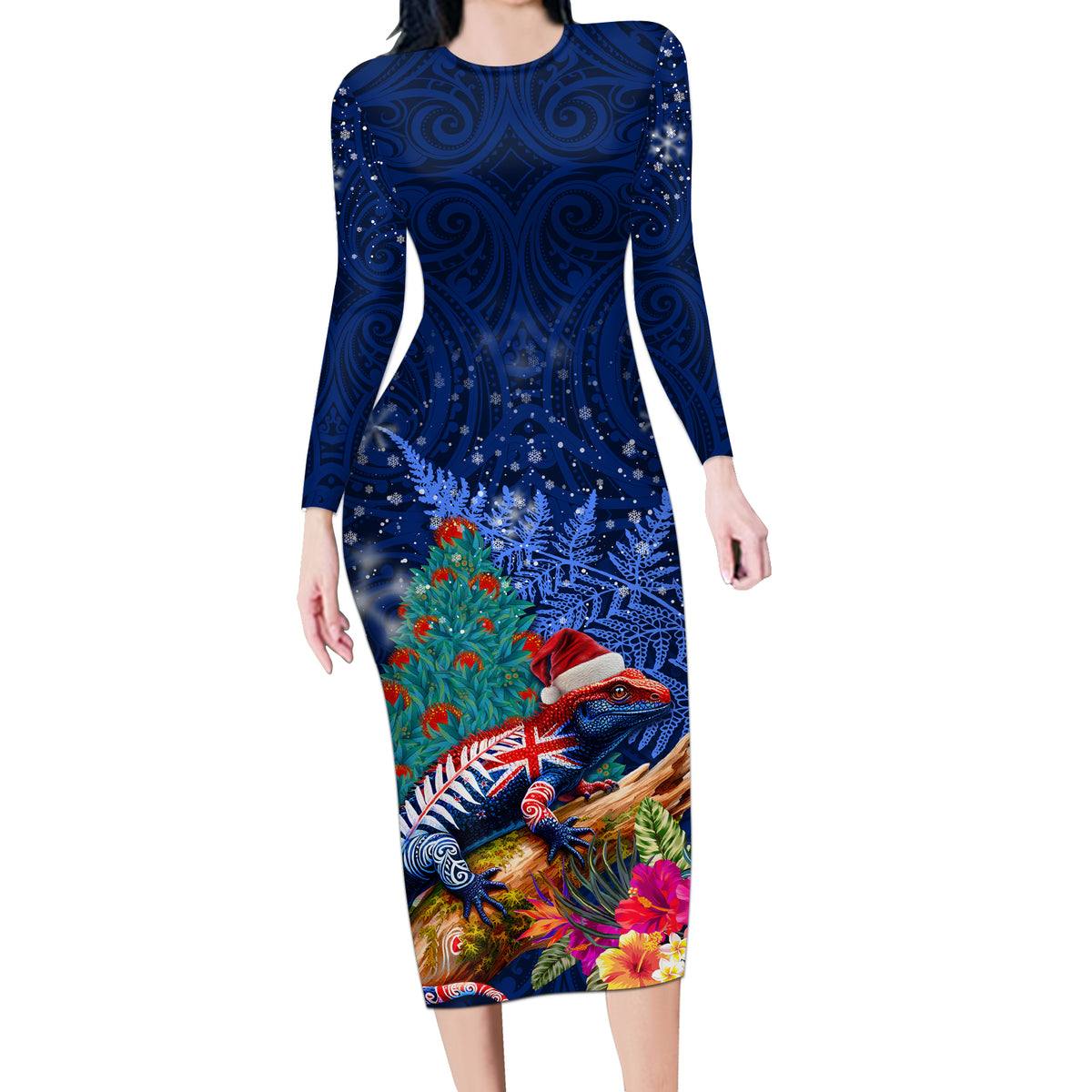 New Zealand Tuatara Christmas Long Sleeve Bodycon Dress Silver Fern and Xmas Pohutukawa Tree Blue Color LT03 Long Dress Blue - Polynesian Pride
