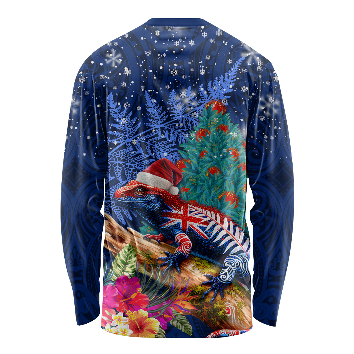 New Zealand Tuatara Christmas Long Sleeve Shirt Silver Fern and Xmas Pohutukawa Tree Blue Color LT03 - Polynesian Pride
