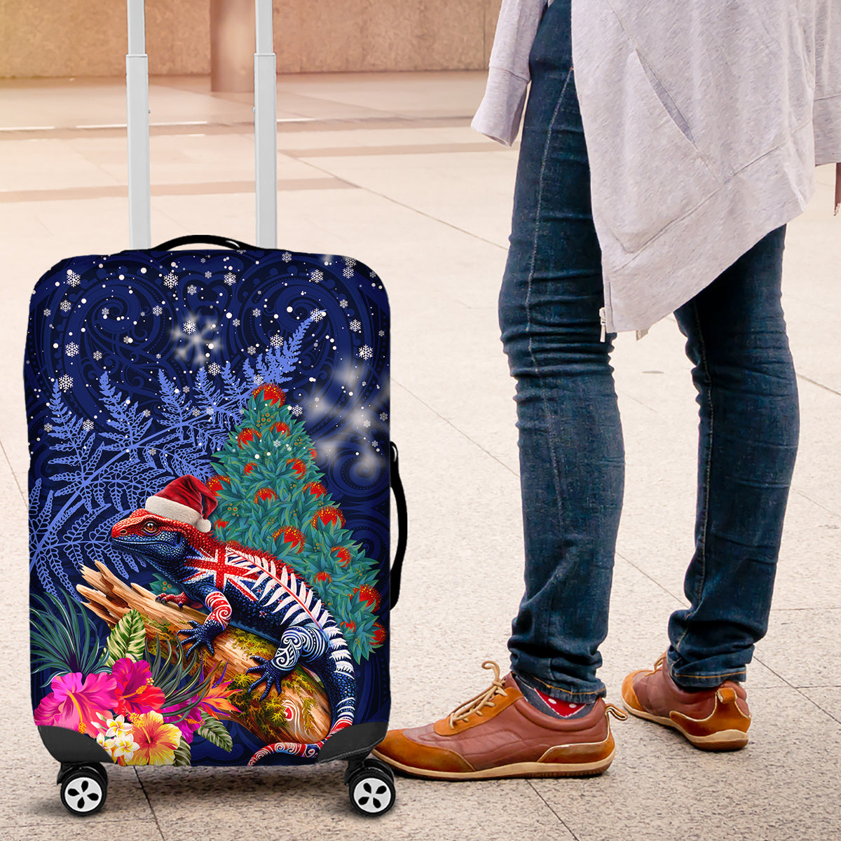 New Zealand Tuatara Christmas Luggage Cover Silver Fern and Xmas Pohutukawa Tree Blue Color LT03 Blue - Polynesian Pride