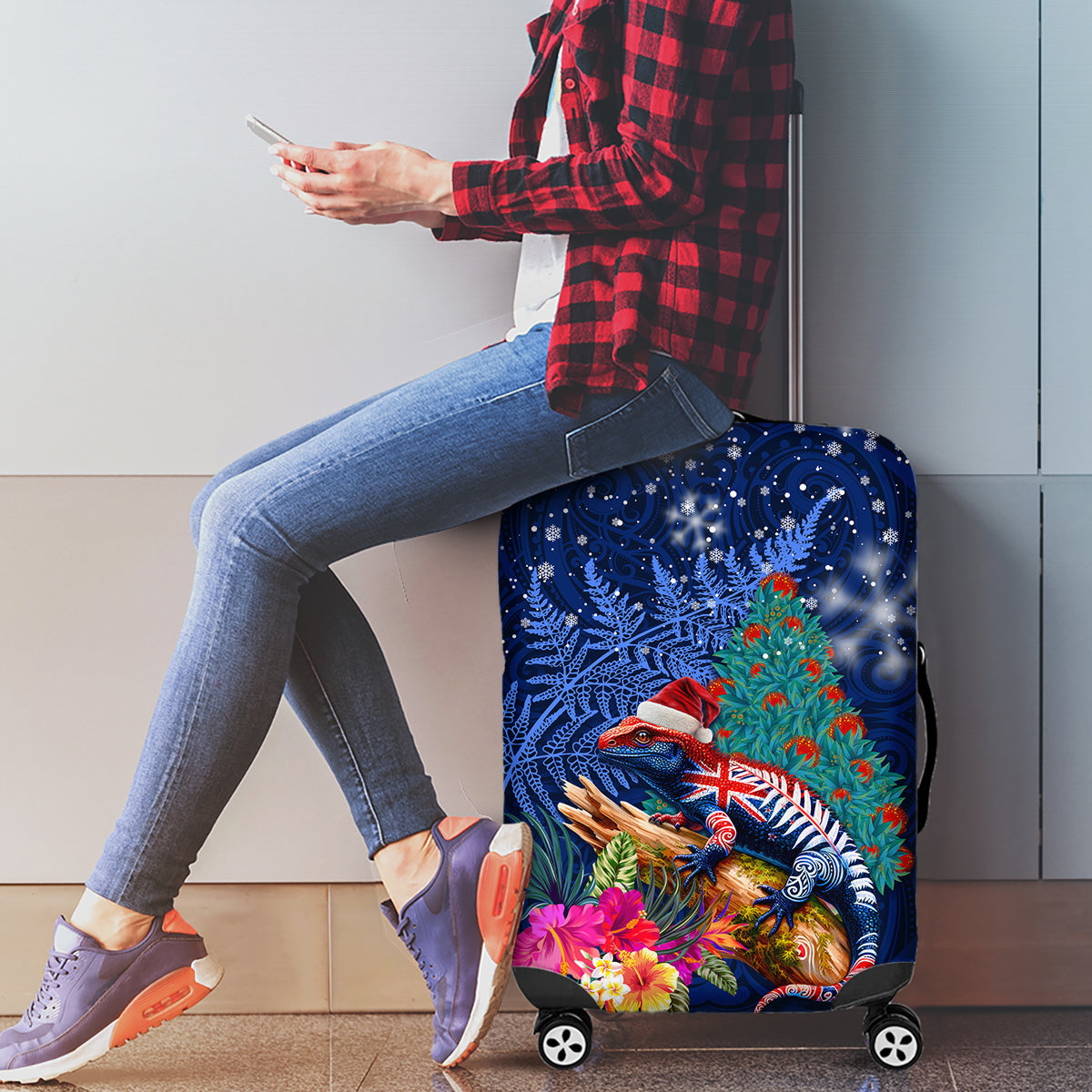 New Zealand Tuatara Christmas Luggage Cover Silver Fern and Xmas Pohutukawa Tree Blue Color LT03 - Polynesian Pride
