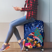 New Zealand Tuatara Christmas Luggage Cover Silver Fern and Xmas Pohutukawa Tree Blue Color LT03 - Polynesian Pride