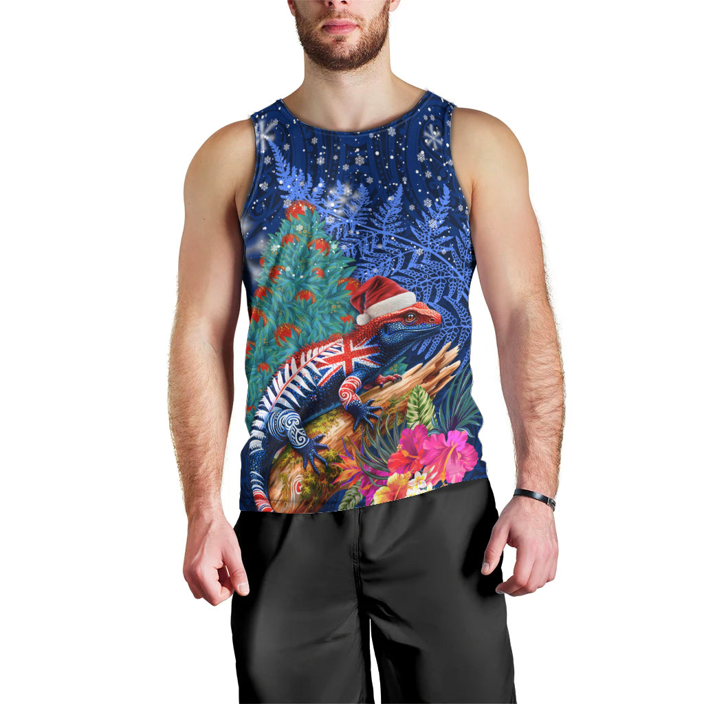 New Zealand Tuatara Christmas Men Tank Top Silver Fern and Xmas Pohutukawa Tree Blue Color LT03 - Polynesian Pride