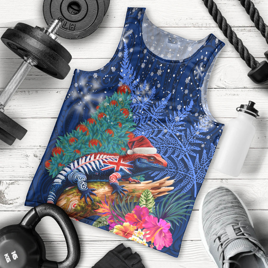New Zealand Tuatara Christmas Men Tank Top Silver Fern and Xmas Pohutukawa Tree Blue Color LT03 - Polynesian Pride