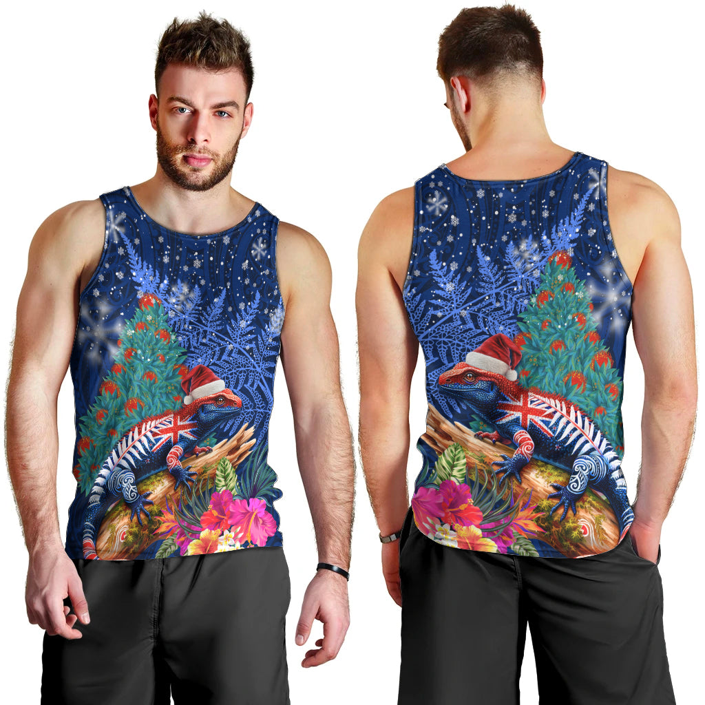 New Zealand Tuatara Christmas Men Tank Top Silver Fern and Xmas Pohutukawa Tree Blue Color LT03 - Polynesian Pride