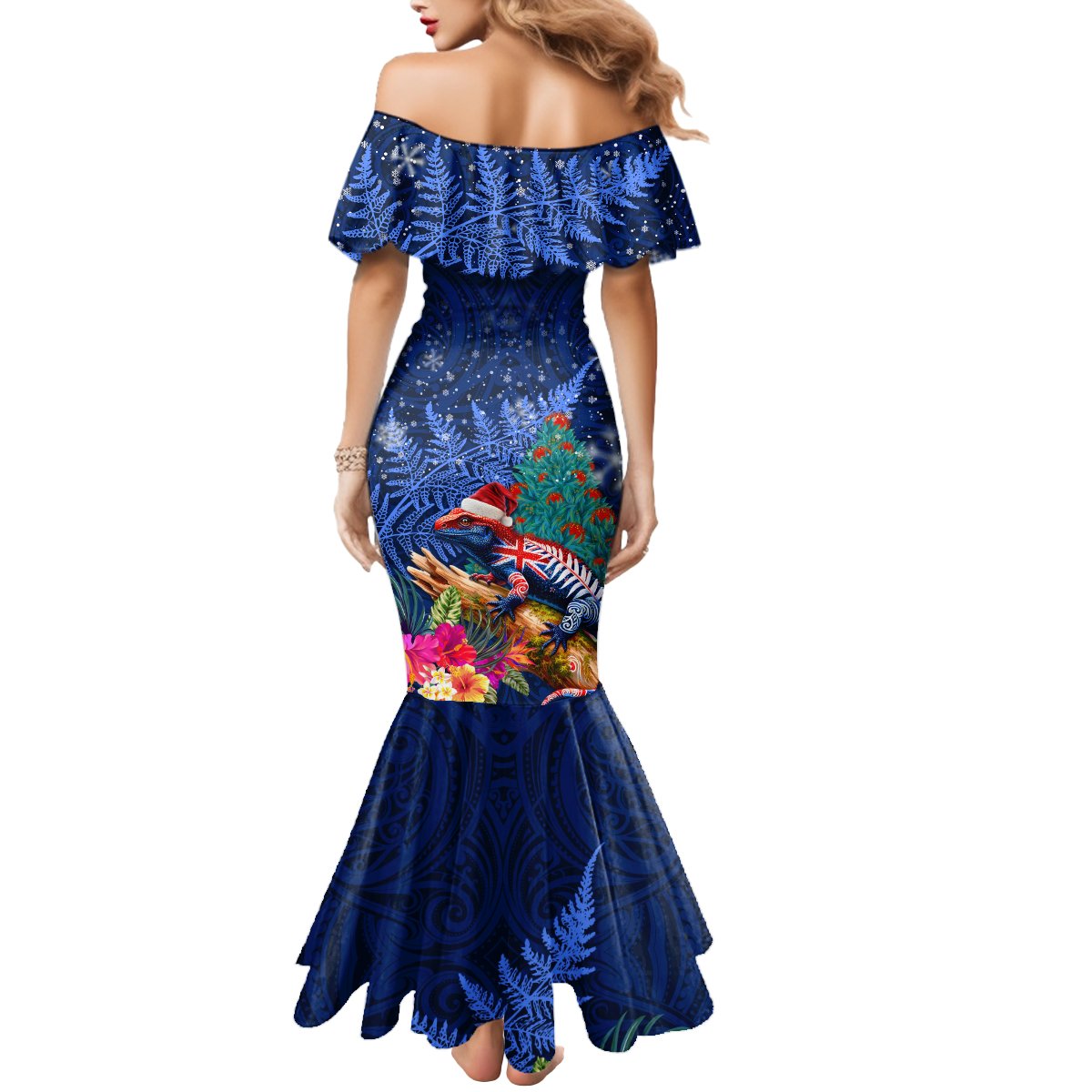 New Zealand Tuatara Christmas Mermaid Dress Silver Fern and Xmas Pohutukawa Tree Blue Color LT03 - Polynesian Pride