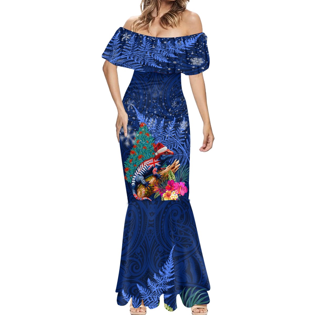 New Zealand Tuatara Christmas Mermaid Dress Silver Fern and Xmas Pohutukawa Tree Blue Color LT03 - Polynesian Pride